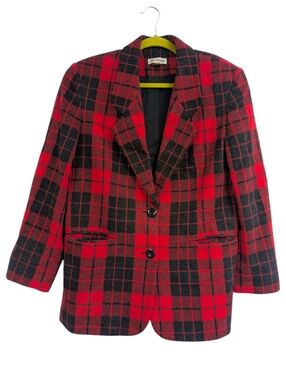 Ann Taylor Vintage Red Charcoal Gray Wool Blend Plaid Double Button Blazer. M